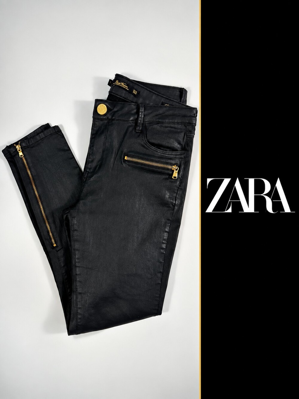 Zara Woman Black Wax Coated Moto Skinny Jeans Gold Zips Size 38 US 6